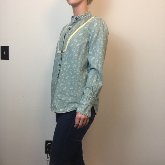 Free People Blue Denim Printed Button Down Top - Picture 4 of 8